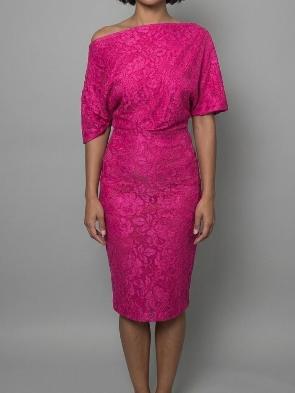Alexia Admor Tayla Draped Off-Shoulder Asymmetrical Lace Midi Dress Pink XS EUC